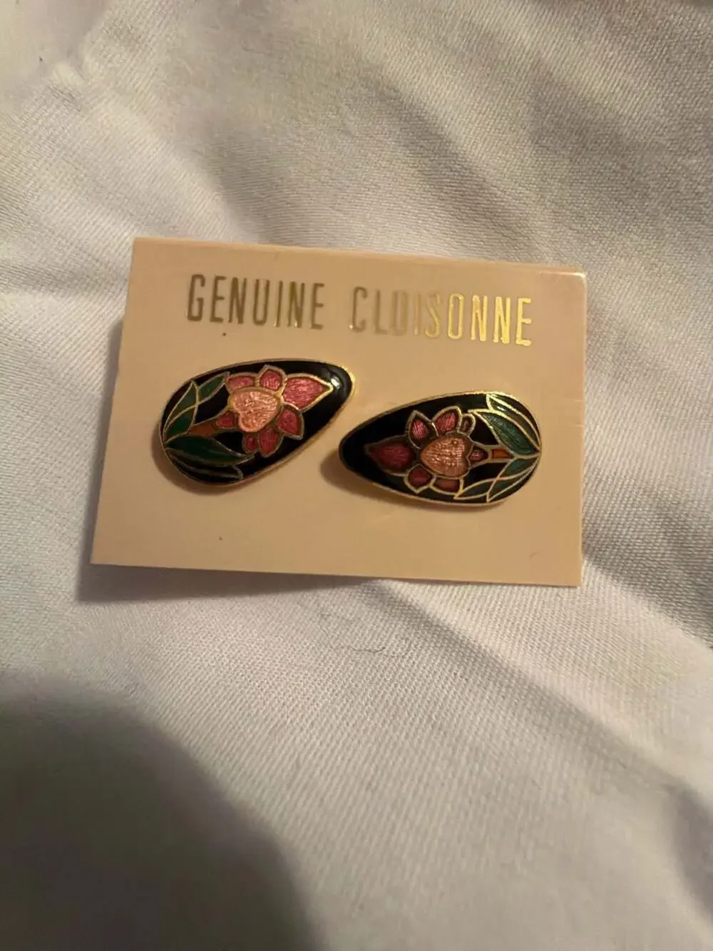 Vintage Genuine Cloisonne Teardrop Floral Enamel Stud Earrings